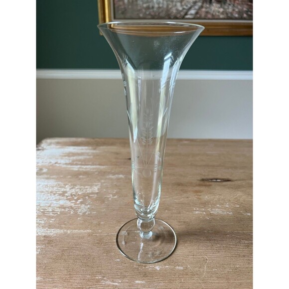 Vintage 1950s Fluted Glass Bulb Flower Vase w/Etched Daisy Print Stem Glassware - Picture 2 of 8